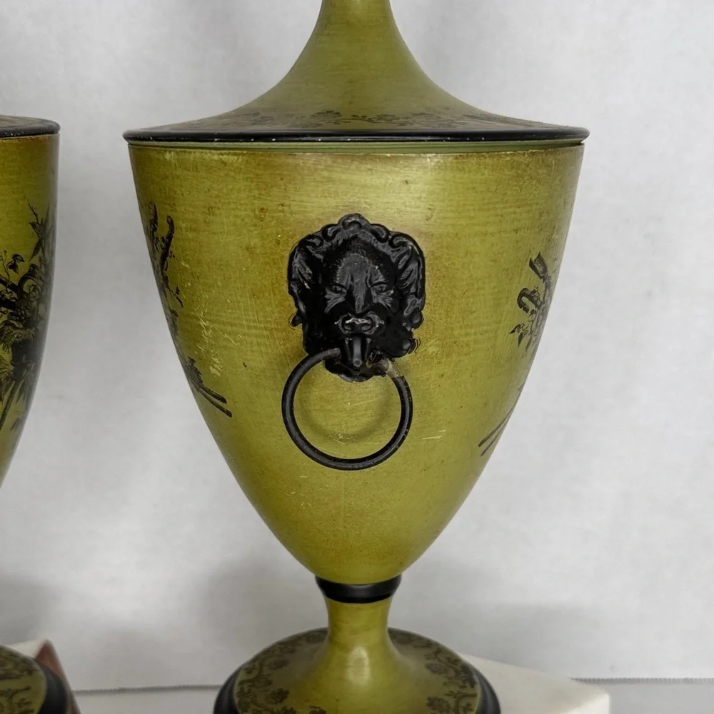 Mid Century Italian Olive Tole Urns Pair Signed
